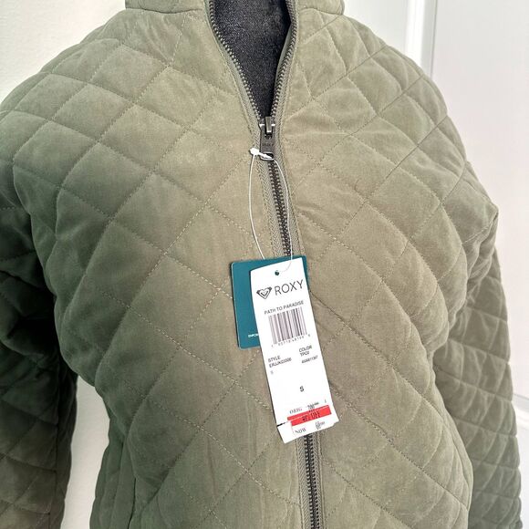 Roxy Women's Quilted Jacket Small Green Zip-Up Puffer Bomber Coat Streetwear NWT - Picture 5 of 6